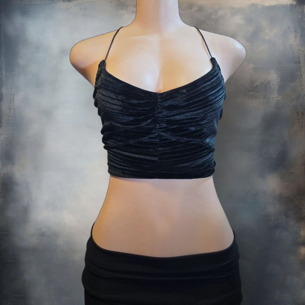 Wild Fable Crushed Velvet Ruched Cropped Halter Top Black Alt Gothic L